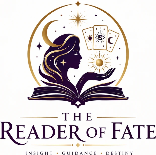 Purple and gold The Reader Of Fate emblem with tarot cards, a crescent moon, and an open book
